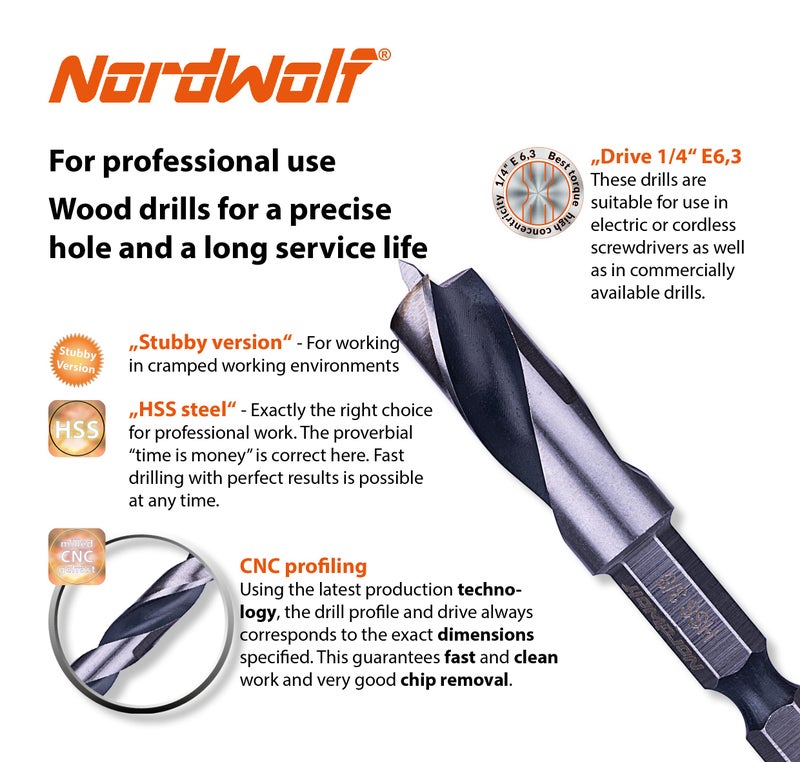 NordWolf 7-Piece HSS Brad Point Stubby Wood Drill Bit Set with 1/4"" Hex Shank for Carpenter Woodworking, SAE Sizes 1/16""-3/32""-1/8""-3/16""-1/4""-5/16""-3/8"" - Image 4